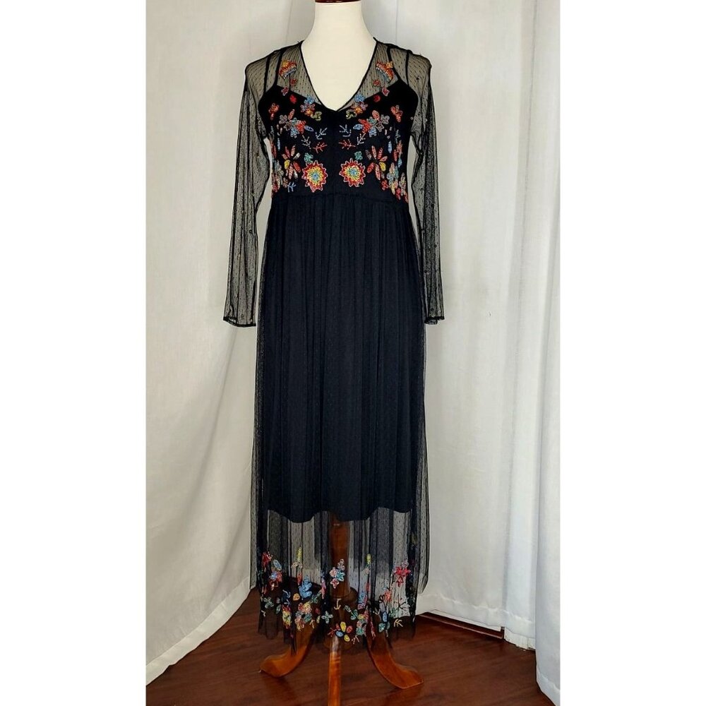 ZARA Floral Beaded Tulle Dress Sequin Mesh Sheer Midi Long Sleeve Plumeti - Picture 4 of 15